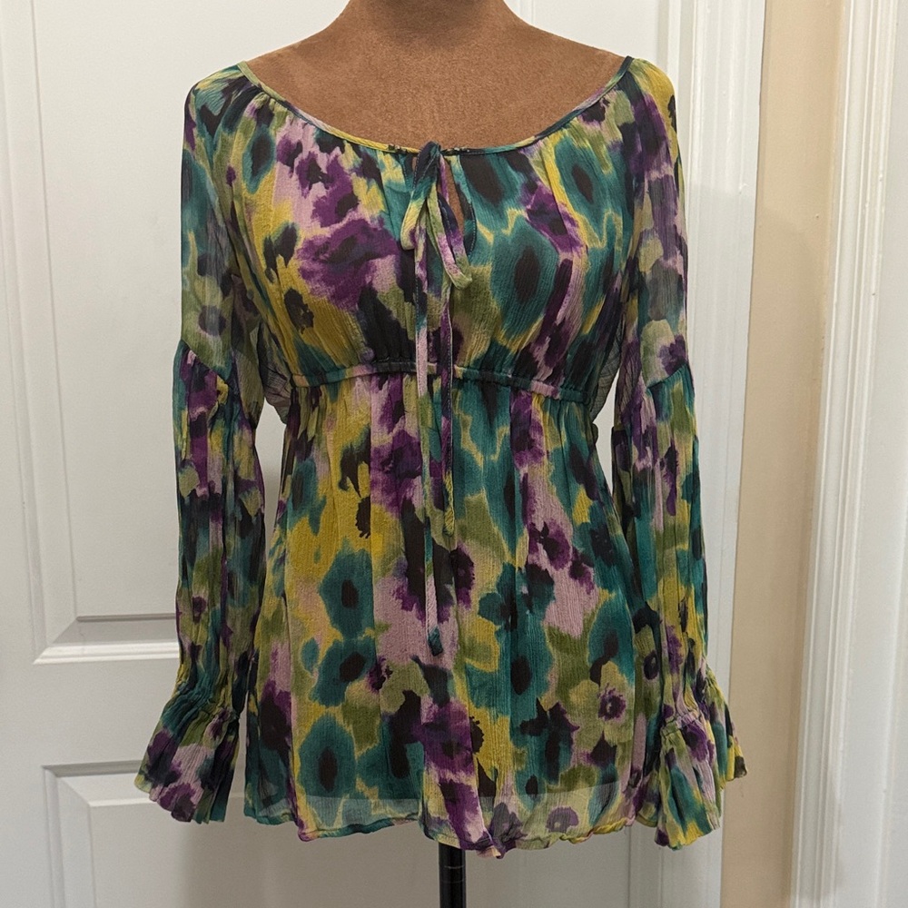 Karen Kane Semi-Sheer Abstract Floral Peasant Blouse — Green, Purple & Yellow